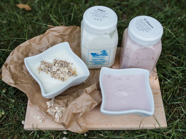 Zwei Müslischalen mit Joghurt und zwei Joghurtbecher